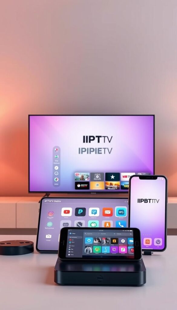 A sleek, modern IPTVANBIETERTV interface displayed on a variety of digital devices, including a smart TV, tablet, and smartphone. The devices are arranged in a dynamic, visually appealing layout, showcasing the versatility and accessibility of the IPTV service. The scene is bathed in a soft, warm lighting, creating a inviting and premium atmosphere. The devices are showcased against a muted, minimalist background, allowing the IPTV branding and content to take center stage. The overall impression is one of a high-quality, user-friendly IPTV solution that caters to the needs of modern, tech-savvy consumers.