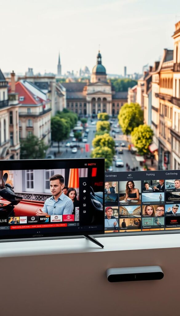 A sleek, modern IPTVANBIETERTV interface showcases a diverse array of live TV channels and on-demand content against a backdrop of a stylish German cityscape. The foreground features a high-quality, crystal-clear display of a popular German news program, hinting at the service's reliable and extensive channel selection. The middle ground depicts neatly organized menus and intuitive navigation tools, emphasizing the user-friendly experience. In the background, the bustling streets of a vibrant German city, with iconic architecture and lush greenery, create a sense of place and national identity. Warm, natural lighting illuminates the scene, conveying a sense of comfort and quality. The overall impression is one of a sophisticated, feature-rich IPTV service tailored specifically for the German market.