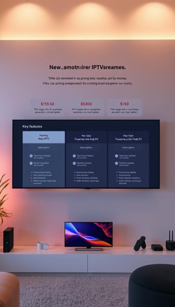 A sleek, modern IPTVANBIETERTV interface showcasing various pricing plans and subscription options for seamless VLC streaming. A clean, minimalist layout highlights key features and service tiers, with subtle gradients and elegant typography. The scene is bathed in a soft, warm lighting, creating a welcoming and professional atmosphere. Subtle product shots and icons provide visual context, while the overall composition emphasizes simplicity and ease of use. The image conveys a sense of reliability, accessibility, and value for money, aligning with the article's focus on IPTV solutions for VLC users.