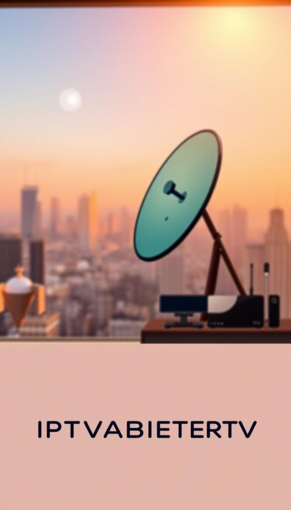A sleek, modern IPTVANBIETERTV logo prominently displayed in the foreground, conveying a sense of professionalism and innovation. In the middle ground, a stylized illustration of a satellite dish and streaming devices, symbolizing the diverse IPTV offerings. The background features a softly blurred cityscape, hinting at the widespread availability and accessibility of the IPTV service. Warm, directional lighting from the top-left creates depth and highlights the key elements. The overall composition and color palette suggest a premium, trustworthy IPTV provider that seamlessly integrates with Sky's entertainment ecosystem.