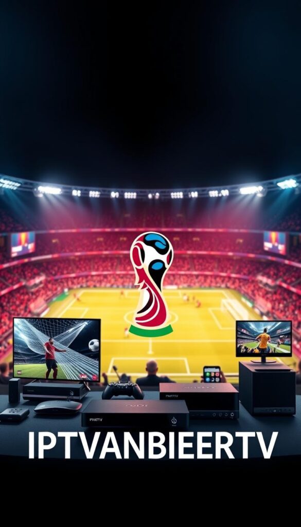 A sleek, modern IPTVANBIETERTV logo prominently displayed in the foreground, showcasing the company's leadership in the German IPTV market. In the middle ground, an array of digital devices like smart TVs, set-top boxes, and mobile devices, all connected and streaming high-quality FIFA 2026 World Cup matches. The background features a dynamic, cinematic soccer stadium scene, with vibrant lighting and crowd atmosphere, conveying the excitement and immersion of the big event. The overall mood is one of technological sophistication, reliable service, and a premium viewing experience for football fans.