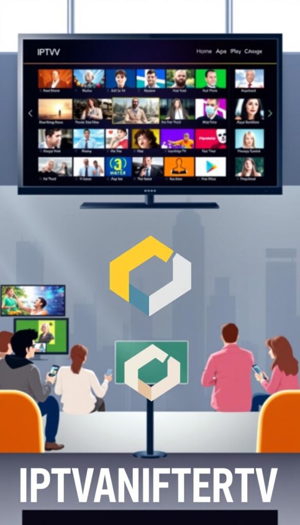 A sleek, modern IPTVANBIETERTV logo stands prominently in the foreground, rendered in a minimalist, geometric style with a bold, vibrant color palette. The logo is surrounded by a clean, sophisticated interface showcasing the IPTV provider's service, including crisp, high-definition video thumbnails, intuitive navigation menus, and a streamlined user experience. In the middle ground, a group of diverse users interact with the IPTV platform on various devices, from smart TVs to mobile phones, highlighting the service's versatility and accessibility. The background features a stylized cityscape, conveying the provider's broad reach and national presence. The overall scene radiates a sense of technological innovation, reliability, and a premium user experience.