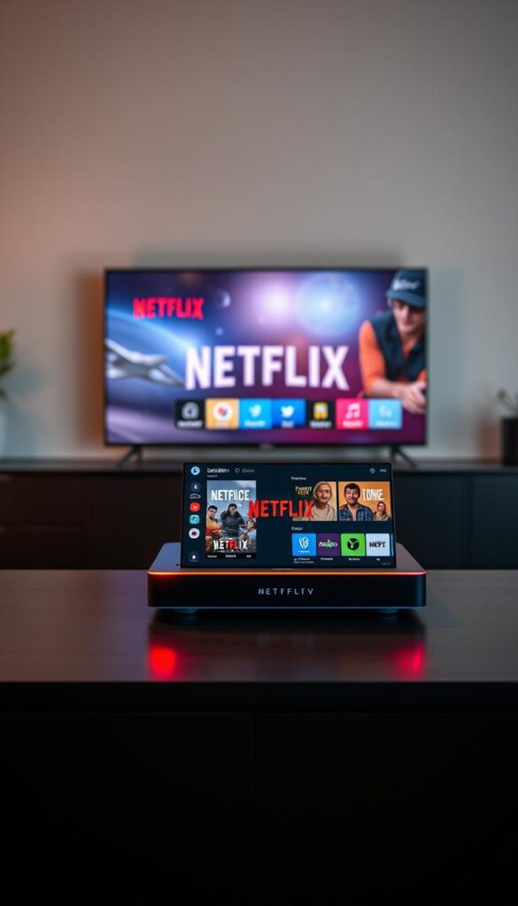 A sleek, modern IPTVANBIETERTV media center showcases a vibrant Netflix interface, seamlessly blending premium streaming with a vast array of live TV channels. The device stands proudly on a dark, minimalist desk, its clean lines and subtle LED accents creating an elegant, high-tech aesthetic. Warm, directional lighting casts a soft glow, highlighting the device's premium materials and attention to detail. In the background, a minimalist wall display features the IPTVANBIETERTV logo, subtly reinforcing the brand identity. The overall scene conveys a sense of sophisticated technology, entertainment, and the perfect fusion of IPTV and Netflix capabilities.