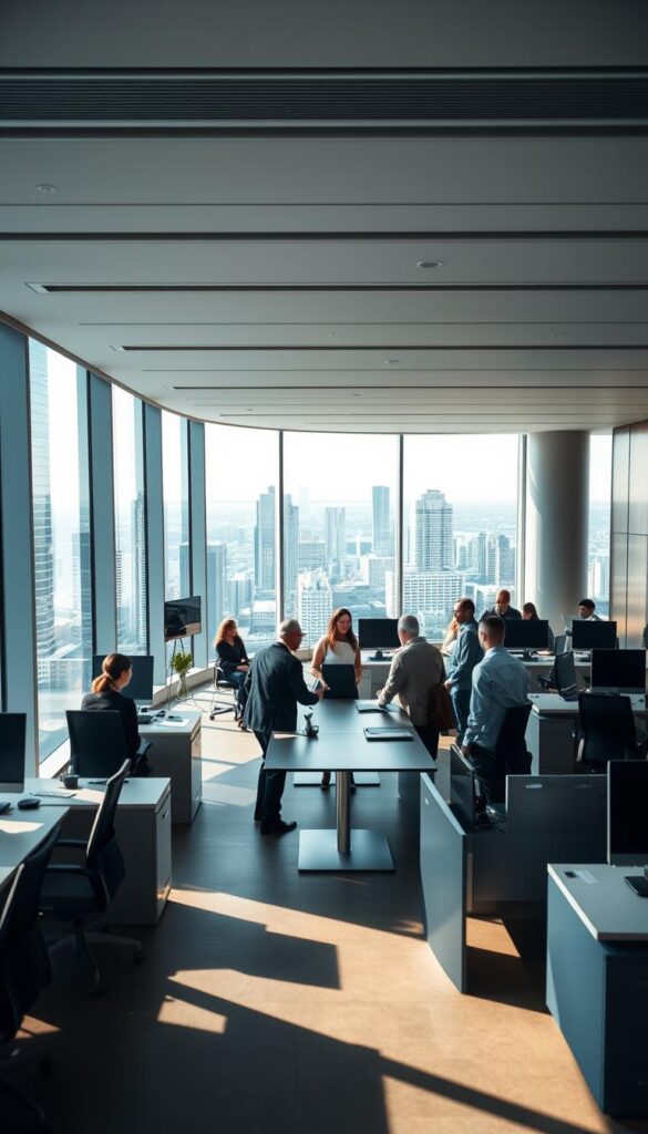 A sleek, modern IPTVANBIETERTV office interior with floor-to-ceiling windows overlooking a bustling German cityscape. The space is filled with natural light, creating a warm and professional atmosphere. In the foreground, a group of employees are gathered around a conference table, discussing the legal landscape of IPTV services in Germany. The middle ground features rows of desks and state-of-the-art technology, while the background showcases the vibrant city skyline. The lighting is soft and even, highlighting the clean lines and minimalist design of the office. The overall mood is one of efficiency, innovation, and compliance with German regulations governing internet-based television services.
