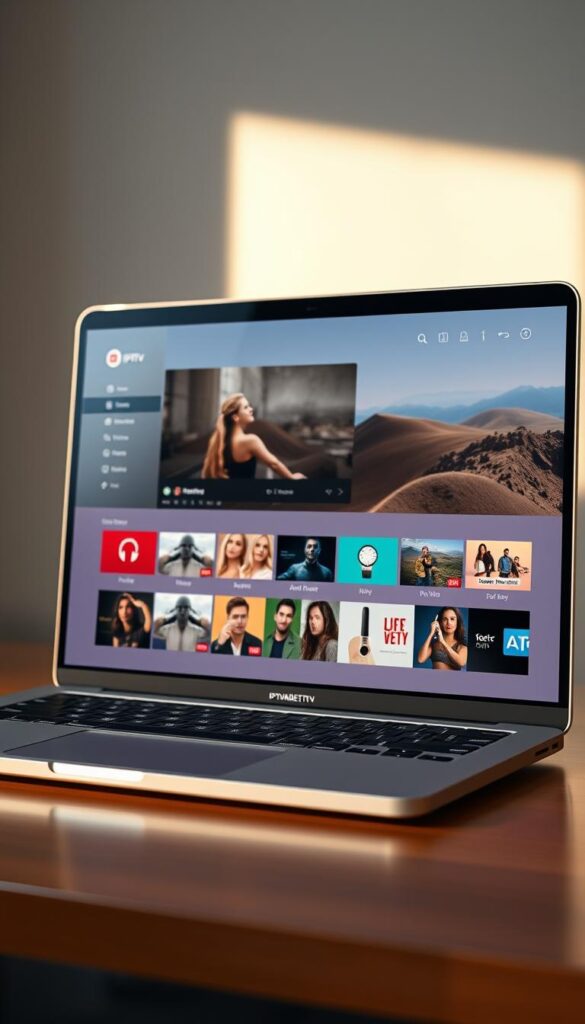 A sleek, modern IPTVANBIETERTV player interface rendered on a silver Apple Macbook Pro, with a streamlined and intuitive design optimized for effortless video streaming. The display showcases crystal-clear 4K resolution, vibrant colors, and smooth playback, creating an immersive viewing experience. The player's simple and elegant UI features intuitive controls, allowing users to seamlessly navigate their IPTV content library. Soft, natural lighting illuminates the scene, casting a warm, inviting glow on the Macbook's aluminum chassis. The composition emphasizes the player's seamless integration with the Apple ecosystem, positioning it as the ultimate IPTV solution for Mac enthusiasts.