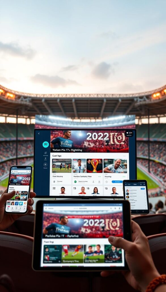 A sleek, modern IPTVANBIETERTV service interface displayed on a variety of devices - smartphones, tablets, and smart TVs - against a backdrop of the 2026 World Cup stadium architecture and the vibrant atmosphere of the event. The interface showcases intuitive navigation, live match streams, highlights, and on-demand content, all with a clean, minimalist design. Warm lighting and a dynamic camera angle create a sense of immersion and excitement, capturing the thrill of the tournament experience from the comfort of the viewer's home.