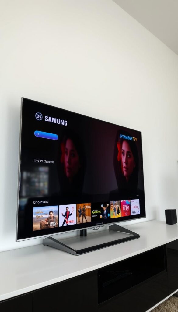 A sleek, modern Samsung Smart TV display, showcasing the IPTVANBIETERTV app interface. The screen is crisp and vibrant, with a minimalist design and intuitive navigation. The foreground features the app's main menu, highlighting various IPTV content options. The middle ground showcases a selection of popular live TV channels and on-demand titles. The background subtly depicts the Smart TV's clean, stylish aesthetics, creating a cohesive and visually appealing scene. The lighting is natural and evenly distributed, conveying a sense of sophistication and technological prowess. The camera angle is slightly angled, providing a dynamic and engaging perspective.