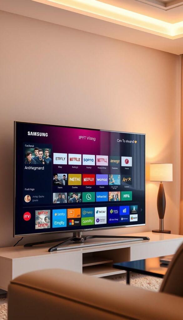 A sleek, modern Samsung smart TV displaying the intuitive interface of an IPTVANBIETERTV app. The screen showcases a variety of live TV channels, on-demand content, and easy-to-navigate menu options. The TV is positioned in a stylish, minimalist living room setting, with warm lighting and clean lines emphasizing the seamless integration of technology and home decor. The image conveys the simplicity and convenience of using IPTV services on a Samsung television, highlighting the superior user experience and content availability.
