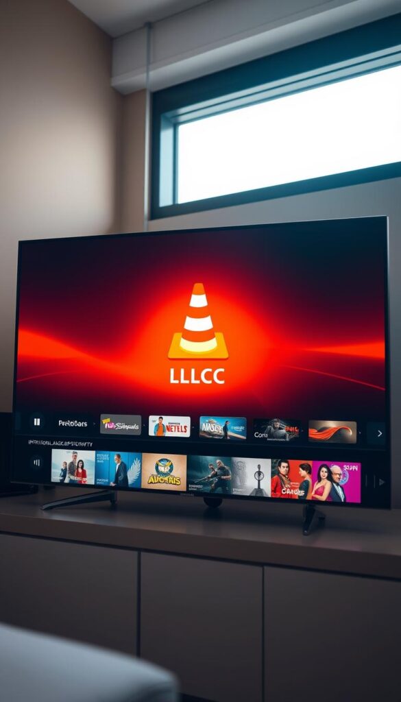 A sleek, modern VLC media player interface prominently displayed on a high-resolution display, with a clean, minimalist design. The interface showcases a visually striking IPTV channel list, with the IPTVANBIETERTV brand name subtly integrated into the layout. The screen is bathed in a warm, soft lighting, creating a cozy and inviting atmosphere. The composition is balanced, with the VLC player and IPTV list occupying the central focus, surrounded by a slightly blurred, neutral background to direct the viewer's attention. The overall impression is one of a powerful, yet user-friendly media experience that seamlessly integrates IPTV streaming capabilities.