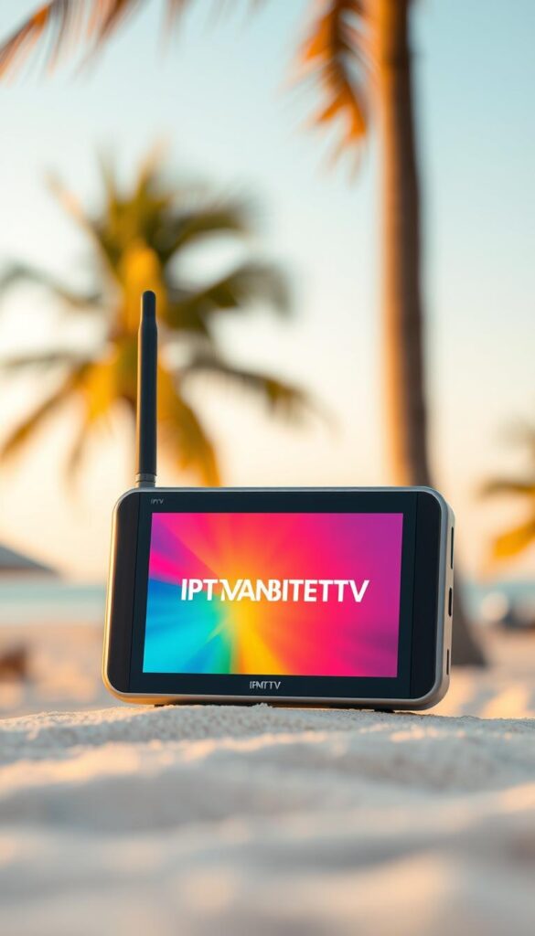 A sleek, modern, and compact device displaying the IPTVANBIETERTV logo, showcasing the latest IPTV technology for on-the-go entertainment. The device is set against a blurred background of a sunny beach, with palm trees swaying in the distance, capturing the essence of enjoying TV during a vacation. The device's display features vibrant, high-quality images, conveying the seamless and immersive IPTV experience. The scene is illuminated by warm, natural lighting, creating a relaxed and inviting atmosphere. The overall composition emphasizes the portability and versatility of the IPTV solution, perfectly suited for travelers seeking to stay connected and entertained while away from home.