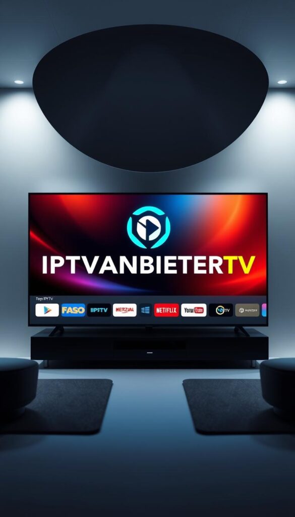 A sleek, modern, and comprehensive IPTV service for German viewers, showcasing a vast array of live TV channels, on-demand content, and seamless integration across devices. The scene depicts a stylized IPTV interface, with a large, vivid display of the IPTVANBIETERTV brand logo prominently featured in the center. The background features a minimalist, clean design with subtle gradients and geometric shapes, creating a sense of technological sophistication. The lighting is soft and diffused, highlighting the crisp, high-quality visuals and creating an immersive, cinematic atmosphere. The overall composition conveys the reliability, versatility, and user-friendly experience of the IPTV service, catering to the diverse entertainment needs of German audiences.