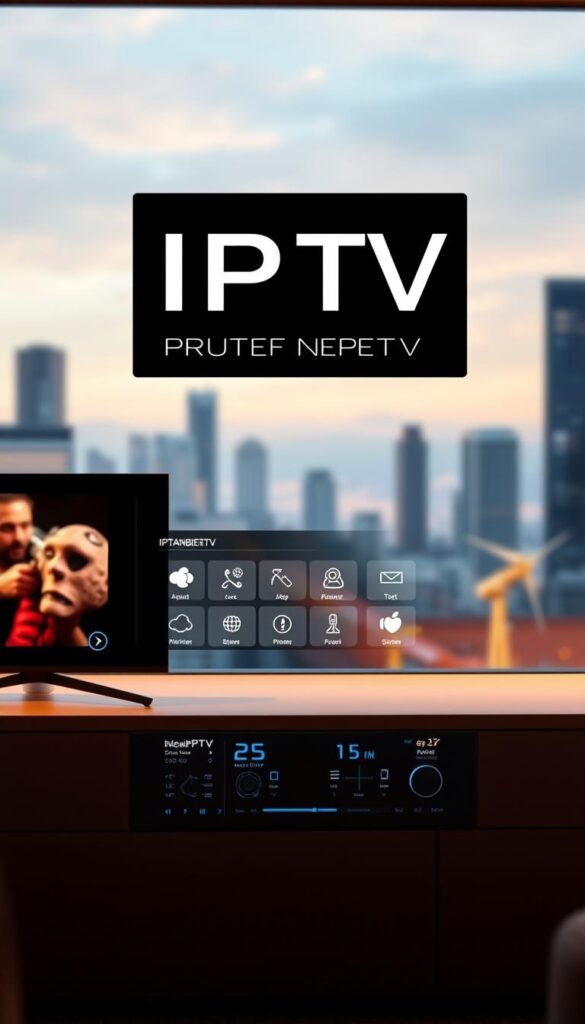 A sleek, modern, and comprehensive IPTV service provider in Germany, with a robust and visually striking user interface. The scene depicts a stylized control panel showcasing the IPTVANBIETERTV brand, featuring elegant typography, intuitive icons, and a clean minimalist design. The background is a softly blurred cityscape, conveying a sense of urban connectivity and the future of digital entertainment. The lighting is warm and inviting, creating a visually appealing and professional aesthetic that would complement the informative article section.
