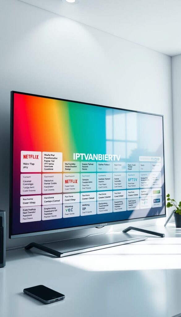 A sleek, modern, and comprehensive comparison of IPTV providers displayed on a large, high-resolution screen. The screen features the IPTVANBIETERTV brand logo prominently in the center, surrounded by a grid of various IPTV service options and their key features. The scene is well-lit, with a soft, directional light from the top left creating depth and highlighting the details of the screen. The background is a clean, minimalist workspace, providing a professional and informative atmosphere. The overall composition conveys a sense of authority, expertise, and the ability to make an informed decision about IPTV services without long-term contracts.