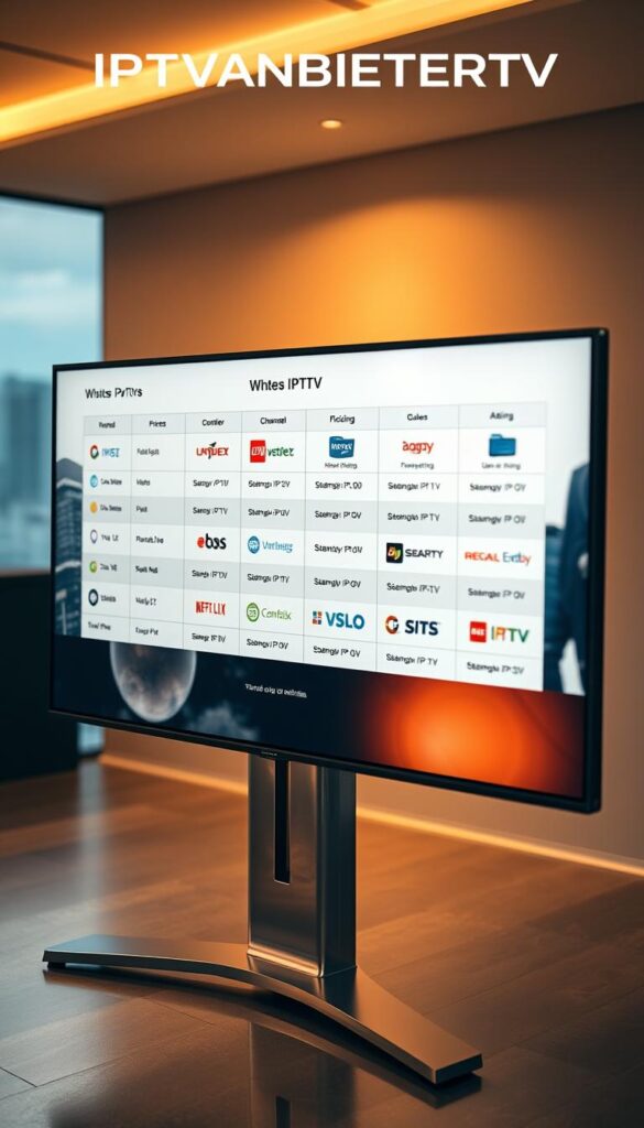A sleek, modern, and comprehensive comparison of IPTV providers, displayed on a stylish, high-resolution flat screen TV. The screen showcases a clean, minimalist layout with a grid-like arrangement of provider logos, each accompanied by key details such as pricing, channel selection, and user ratings. The TV stands on a sophisticated, brushed metal stand, bathed in soft, indirect lighting that creates a warm, inviting atmosphere. The background features a subtle, blurred cityscape, conveying a sense of urban sophistication. The IPTVANBIETERTV brand name is prominently displayed at the top of the screen, adding a touch of authority and professionalism to the overall design.