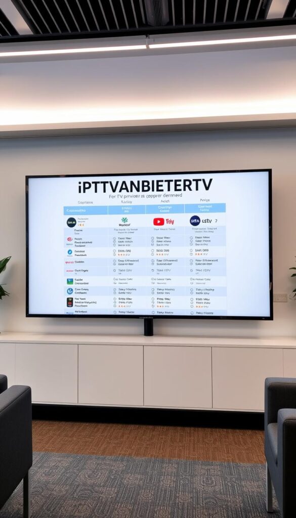 A sleek, modern, and comprehensive comparison of IPTV providers in Germany, displayed on a large flat-screen display in a stylish, well-lit office setting. The display showcases a clean, minimalistic interface with a bold, eye-catching title "IPTVANBIETERTV" prominently featured. The interface presents a grid-like layout with detailed information on various IPTV service providers, including their pricing, channel selections, and user ratings. The overall scene conveys a sense of professionalism, authority, and a focus on providing valuable insights to consumers navigating the IPTV market in Germany.