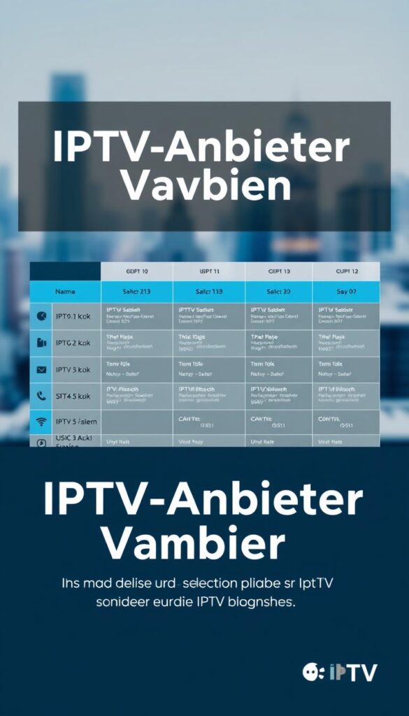 A sleek, modern, and comprehensive comparison of IPTV providers, showcased in a stylish infographic-like design. The image features a sophisticated color palette of blues, grays, and whites, with clean typography and carefully curated icons. In the foreground, the prominent title "IPTV-Anbieter Vergleich" takes center stage, rendered in a bold, sans-serif font. The middle ground showcases a grid-like layout, highlighting key features and pricing information for various IPTV service providers, including IPTVANBIETERTV. The background features a subtle, blurred cityscape, conveying a sense of technology and innovation. The overall composition is balanced, visually appealing, and reflects the professionalism and attention to detail expected in the article's section on selecting the right IPTV provider.