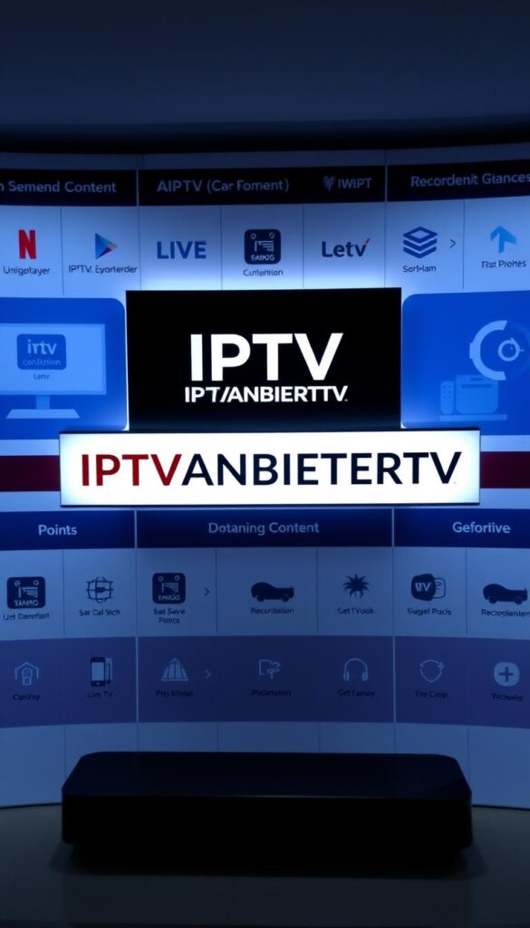 A sleek, modern, and comprehensive comparison of IPTV providers, showcasing their features and offerings. The image depicts a clean, minimalist design with a central focus on the brand name "IPTVANBIETERTV" prominently displayed. The background features a grid-like layout, with various icons and symbols representing the key aspects of IPTV services, such as live TV, on-demand content, and recording capabilities. The overall tone is professional, informative, and visually appealing, perfectly suited to illustrate the section on "IPTV Anbieter mit Aufnahme im Vergleich" in the article. The lighting is soft and directional, creating depth and emphasizing the layout's clean lines. The camera angle is slightly elevated, giving the viewer a comprehensive overview of the IPTV provider comparison.