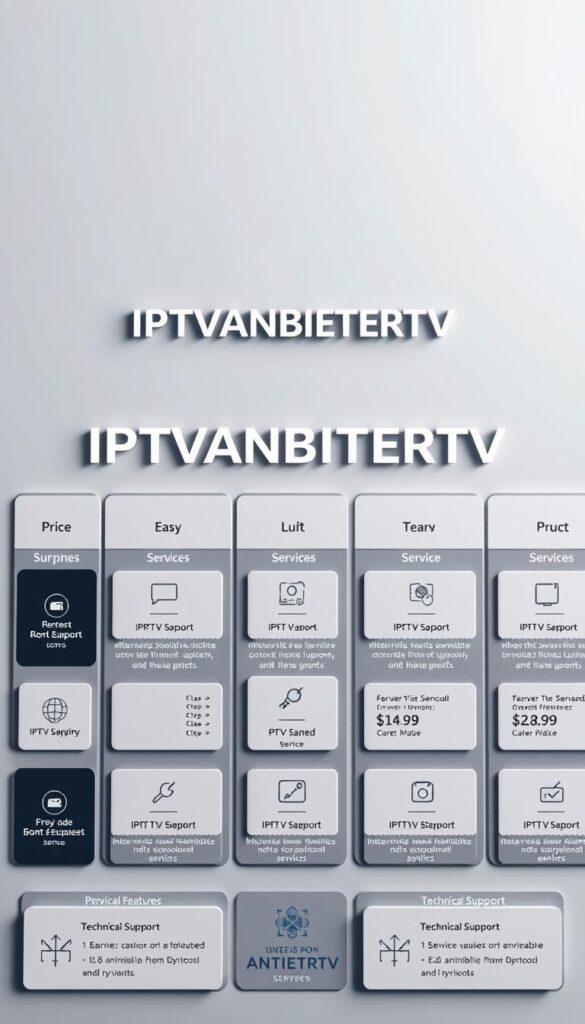 A sleek, modern, and comprehensive comparison of IPTV service providers, showcasing a clean, minimalist layout with a focus on key details. The image features the prominent brand name "IPTVANBIETERTV" prominently displayed, surrounded by a grid of informative tiles highlighting the various pricing structures, service features, and technical support options available. The tiles are arranged in a visually appealing and easy-to-navigate layout, with subtle use of gradients, shadows, and icons to enhance the overall aesthetic. The background is a soft, muted color palette, allowing the information to take center stage. The lighting is soft and diffused, creating a sense of professionalism and authority. The camera angle is slightly elevated, giving the viewer a comprehensive overview of the IPTV service comparison.