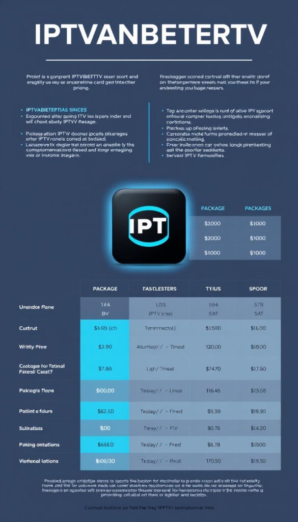 A sleek, modern, and comprehensive comparison of IPTVANBIETERTV pricing options, showcasing a clean, minimalist design. The layout features a central focus on the IPTVANBIETERTV logo, surrounded by detailed information on different service tiers, package comparisons, and cost breakdowns. The image has a sophisticated, tech-savvy feel, with a cool color palette of blues and grays, crisp typography, and subtle gradients to create depth and visual interest. The overall impression is one of professionalism, clarity, and a thorough, well-researched approach to IPTV pricing structures.