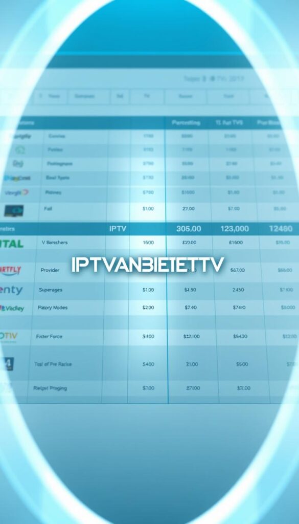 A sleek, modern, and comprehensive comparison of the top IPTV providers, showcasing their offerings, pricing, and reliability. The scene depicts a clean, minimalist table or dashboard layout, with rows of provider logos, feature icons, and numerical ratings. The layout is crisp and elegant, with a cool, technology-driven color palette of blues, grays, and whites. Subtle highlights and shadows add depth and dimension, while a slightly angled perspective creates an engaging, dynamic composition. The central focus is the IPTVANBIETERTV brand, prominently displayed in a stylized, futuristic typeface. The overall impression is one of professionalism, attention to detail, and a comprehensive evaluation of the IPTV market.