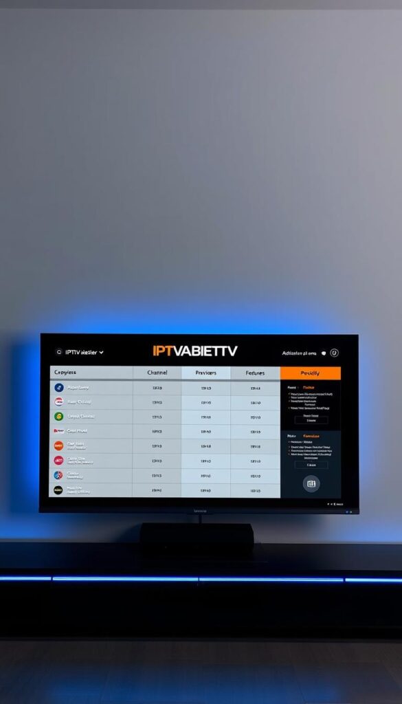 A sleek, modern, and comprehensive comparison of top IPTV service providers, displayed on a sophisticated, minimalist, and high-contrast digital display. The screen features the IPTVANBIETERTV brand prominently, along with a grid-like layout showcasing key details about each provider, such as channel selection, pricing, and features. The display is bathed in a cool, bluish-gray lighting, creating a professional and authoritative atmosphere. The overall composition emphasizes clarity, attention to detail, and a visually appealing presentation of the IPTV market overview.