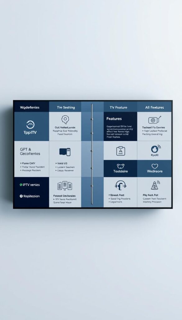 A sleek, modern, and comprehensive comparison of top IPTVANBIETERTV providers, showcasing their offerings and features in a visually striking manner. The scene depicts a stylized grid layout, with each provider represented by a distinct tile or panel, allowing easy side-by-side evaluation. The tiles feature clean typography, minimalist iconography, and subtle gradients, creating a sophisticated and informative display. The overall composition is balanced, with a subtle, neutral color palette that complements the subject matter. Soft, diffused lighting illuminates the scene, lending a sense of professionalism and authority to the image. The camera angle is slightly elevated, providing a bird's-eye view that conveys a sense of oversight and analysis, perfectly suited for the "IPTV Anbieter Vergleich" topic.
