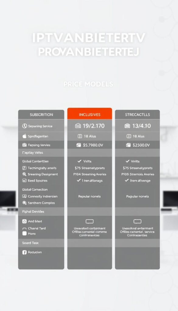 A sleek, modern, and comprehensive illustration of the IPTVANBIETERTV pricing models and subscription plans. A minimalist, high-contrast layout showcases the key features and options against a clean, elegant background, conveying a sense of professionalism and accessibility. The foreground highlights the tiered subscription levels, monthly/annual costs, and channel/service inclusions with clear icons and concise text. The middle ground features stylized, representative visuals of popular entertainment content, streaming devices, and global connectivity. The background subtly suggests a world map or globe, hinting at the international reach and diversity of IPTVANBIETERTV's offerings. Crisp, balanced lighting and a shallow depth of field draw the viewer's focus to the core information. An overall impression of clarity, value, and versatility for IPTVANBIETERTV's IPTV preismodelle.