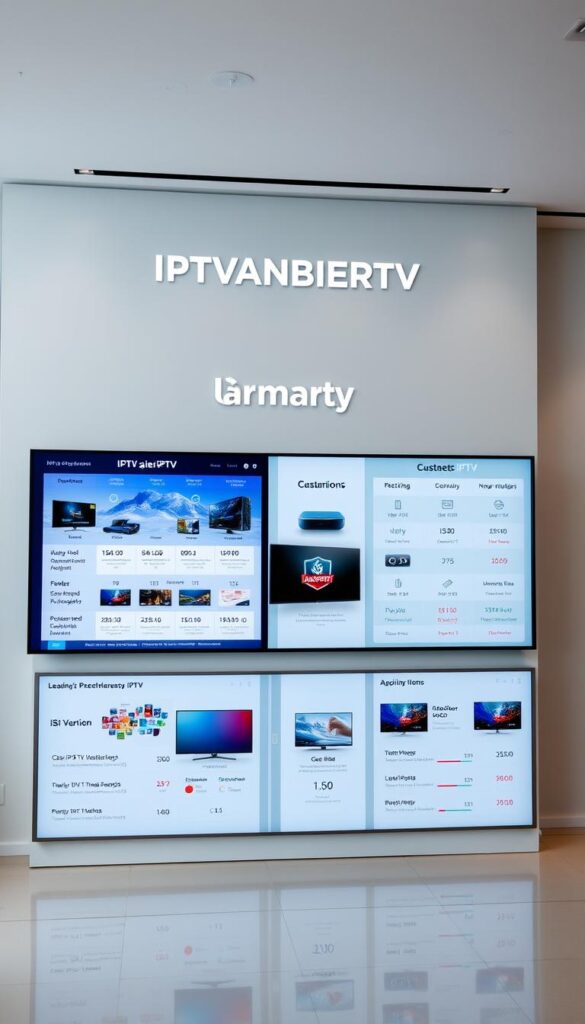 A sleek, modern, and comprehensive visual comparison of leading IPTV service providers in Germany, showcased in a stylish and informative manner. The scene depicts a sophisticated digital display showcasing the IPTVANBIETERTV brand, flanked by detailed side-by-side comparisons of various IPTV offerings, including features, pricing, and customer ratings. The layout is clean and well-organized, with a minimalist color palette and high-quality product imagery. The overall mood is one of professionalism and authority, conveying the authority and expertise of the IPTV industry in Germany as of 2025.