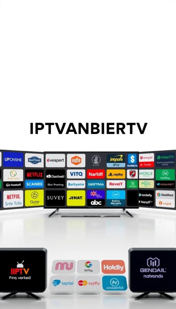 A sleek, modern, and comprehensive visual representation of a diverse IPTV provider landscape. Set against a clean, minimalist background, showcasing the IPTVANBIETERTV brand prominently. In the foreground, an array of various IPTV service icons, each with a distinct and recognizable design, symbolizing the breadth of options available. The middle ground features a subtle grid layout, highlighting the organized and structured nature of the IPTV provider list. The overall mood is one of professionalism, clarity, and a sense of authoritative information, befitting the subject matter.