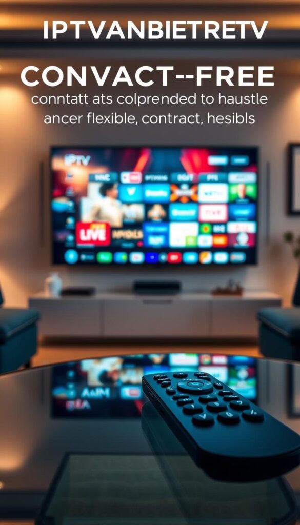 A sleek, modern, and flexible IPTV service, IPTVANBIETERTV, providing live TV, movies, and on-demand content without the hassle of long-term contracts. The scene depicts a stylish living room with a large, high-definition TV screen displaying vibrant, crystal-clear IPTV channels. In the foreground, a minimalist, state-of-the-art remote control rests on a glass coffee table, symbolizing the ease of use and control. The room is bathed in warm, diffused lighting, creating a cozy and inviting atmosphere. The walls feature clean, contemporary decor, complementing the overall sophisticated and uncluttered design. The focus is on the effortless, contract-free experience of IPTVANBIETERTV, catering to the modern viewer's desire for flexibility and convenience.