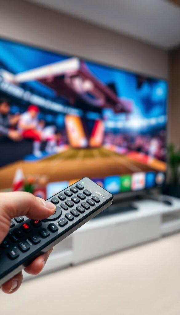 A sleek, modern, and high-quality IPTV streaming setup. A close-up view of a high-definition display showcasing vibrant, crystal-clear imagery and smooth playback. The scene is illuminated by soft, diffused lighting that creates a warm, inviting atmosphere. In the foreground, a hand-held remote control with the brand name "IPTVANBIETERTV" is prominently featured, hinting at the seamless user experience. The background is blurred, emphasizing the central focus on the display and creating a sense of depth and professionalism. The overall composition conveys a sense of reliable, high-performance IPTV streaming quality.
