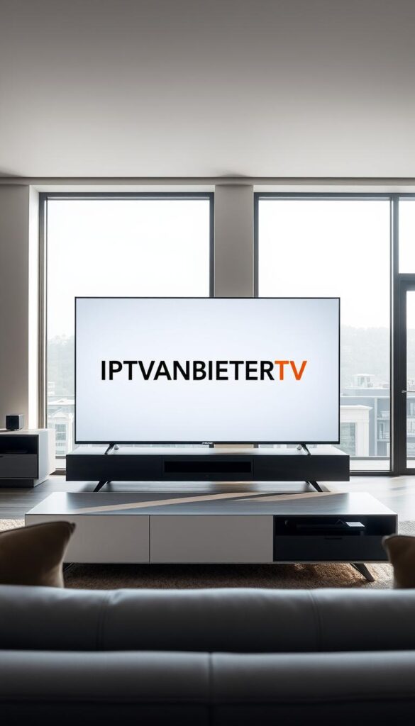 A sleek, modern, and high-quality smart TV displaying the IPTVANBIETERTV logo prominently in the center against a stylish, minimalist backdrop. The TV is positioned in a well-lit, contemporary living room setting, with large windows allowing natural light to flood the space. The scene evokes a sense of premium, high-definition entertainment, showcasing the best IPTV service provider in Germany. The image should convey a feeling of clarity, sharpness, and visual fidelity, reflecting the exceptional viewing experience offered by IPTVANBIETERTV.