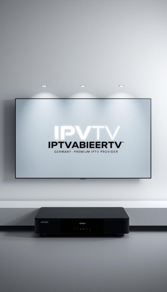 A sleek, modern, and high-quality visual representation of the leading IPTVANBIETERTV, Germany's premier IPTV provider. Set against a clean, minimalist background, the image showcases the brand's sophisticated logo and branding, prominently displayed with a sense of authority and professionalism. The lighting is soft and directional, creating depth and dimension, while the camera angle is slightly elevated to convey a sense of quality and prestige. The overall mood is one of reliability, stability, and technological prowess, reflecting the provider's ability to deliver uninterrupted, high-definition streaming experiences.