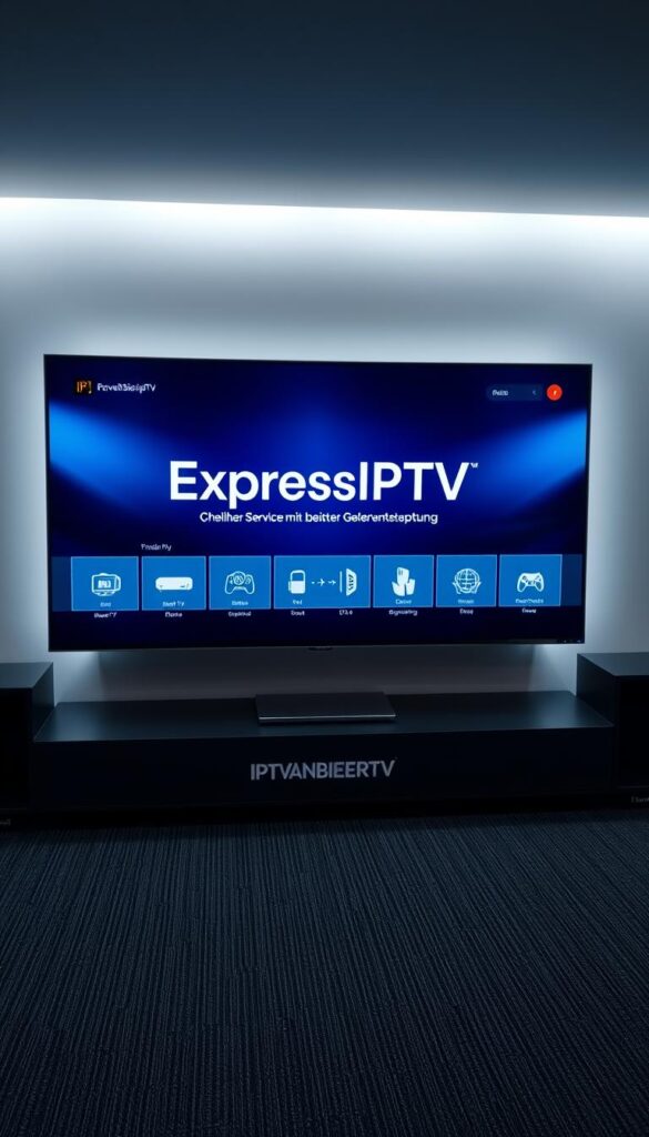 A sleek, modern, and high-tech IPTV service provider interface, showcasing the ExpressIPTV brand name in a bold, minimalist design. The screen displays a clean and visually appealing user interface, with a focus on intuitive navigation and a wide range of supported devices, including smart TVs, smartphones, and gaming consoles. The lighting is crisp and uniform, creating a sense of clarity and professionalism. The overall atmosphere conveys a sense of speed, efficiency, and reliable service, in line with the "ExpressIPTV - Schneller Service mit breiter Geräteunterstützung" section title. The IPTVANBIETERTV branding is prominently featured, further emphasizing the company's identity and credibility.