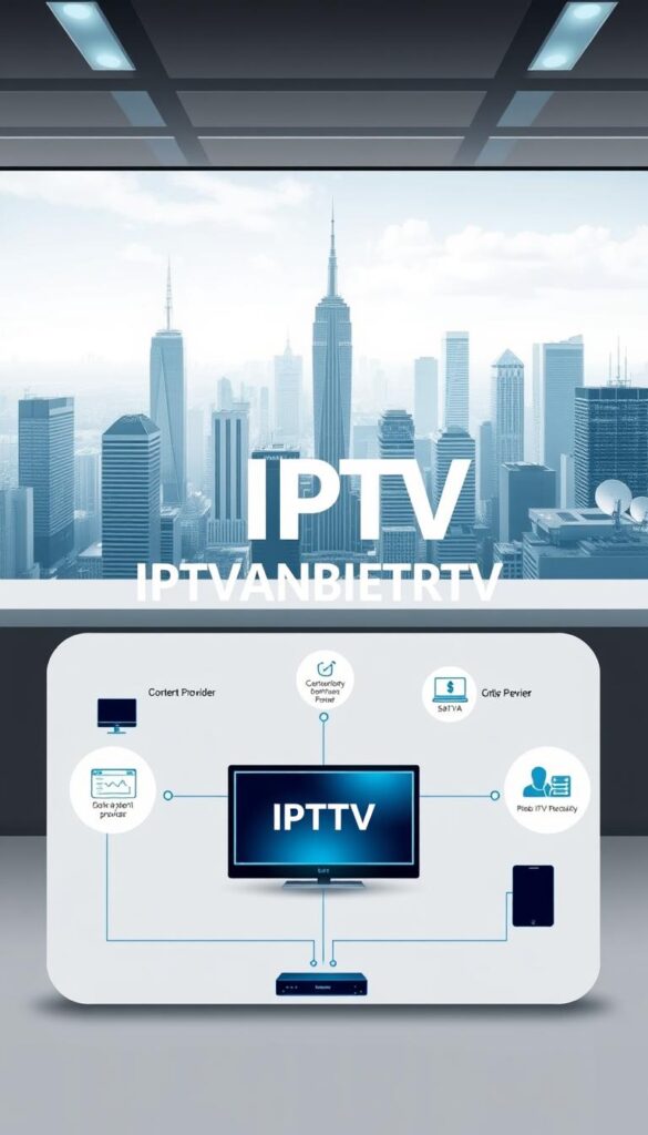 A sleek, modern, and informative illustration of the inner workings of an IPTV system. In the foreground, a stylized diagram showcases the flow of data from the content provider, through the IPTV service provider's infrastructure, and ultimately to the user's device. The middle ground features the IPTVANBIETERTV brand logo, prominently displayed against a minimalist, techno-inspired backdrop. In the background, a cityscape with high-rise buildings and satellite dishes conveys the global reach and interconnectivity of IPTV technology. The image is rendered with a clean, high-contrast aesthetic, using a cool color palette to evoke a sense of digital precision and innovation.