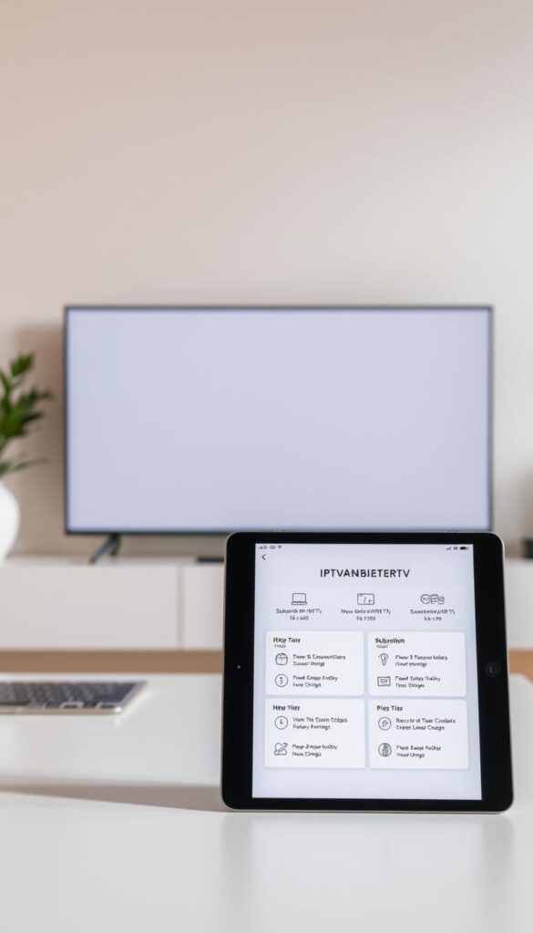 A sleek, modern, and minimalist composition showcasing the IPTVANBIETERTV brand's pricing models and subscription offerings. In the foreground, a minimalist display device, such as a tablet or smartphone, prominently displays the IPTVANBIETERTV logo and interface. The middle ground features a clean, uncluttered design with simple icons and infographic elements highlighting the various subscription tiers and pricing details. The background is a softly blurred, neutral-toned environment, creating a sense of focus on the core product details. The overall aesthetic is sophisticated, visually appealing, and aligned with the article's subject matter and section title.