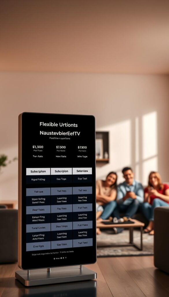 A sleek, modern, and minimalist composition showcasing the flexible pricing models of IPTVANBIETERTV. In the foreground, a clean and stylish display panel depicts a range of subscription options and pricing tiers, presented with a crisp, high-contrast display and elegant typography. The middle ground features a group of happy family members, representing the diverse demographics that IPTVANBIETERTV caters to, enjoying a variety of content on their devices. The background is a softly blurred, warm-toned living room setting, conveying a sense of comfort and relaxation. The overall scene is lit by a combination of natural and subtle, directional lighting, creating depth and highlighting the key elements. The tone is modern, sophisticated, and accessible, reflecting the user-friendly and versatile nature of IPTVANBIETERTV's pricing structure.