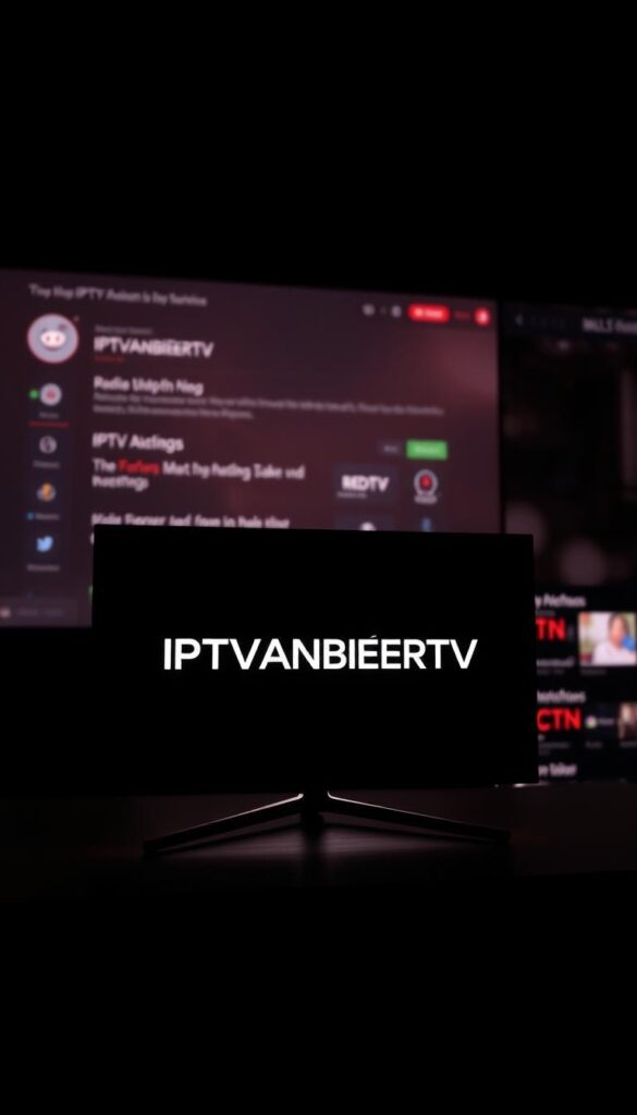 A sleek, modern, and minimalist digital screen display showcasing the prominent brand "IPTVANBIETERTV" against a dark, moody background. The screen is positioned in the foreground, casting a soft, ambient glow that illuminates the scene. In the middle ground, subtle hints of a Reddit-style forum interface can be seen, with clean typography and a subtle color palette. The background is a blurred, abstract representation of the Reddit platform, with muted tones and a sense of depth. The overall atmosphere conveys a sense of exploration, research, and community discussion around the IPTV service provider topic.