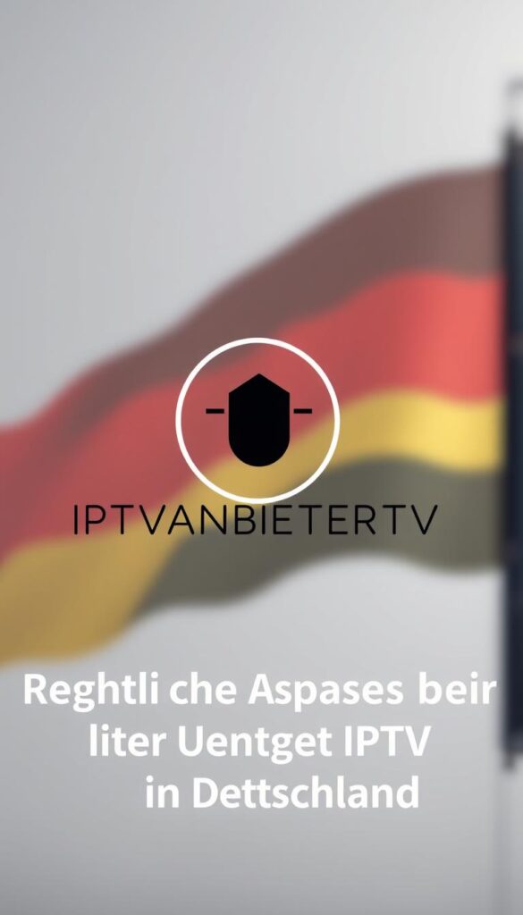 A sleek, modern, and minimalist illustration of "IPTVANBIETERTV", the leading IPTV provider in Germany. The image showcases the brand's clean and elegant logo against a softly blurred backdrop of the German flag, symbolizing the provider's strong local presence and legal compliance. The lighting is soft and diffused, creating a sense of professionalism and trustworthiness. The camera angle is slightly elevated, giving the viewer a sense of authority and confidence in the brand. The overall mood is one of reliability, security, and compliance with German regulations, making it an appropriate visual representation for the "Rechtliche Aspekte bei der Nutzung von IPTV in Deutschland" section of the article.