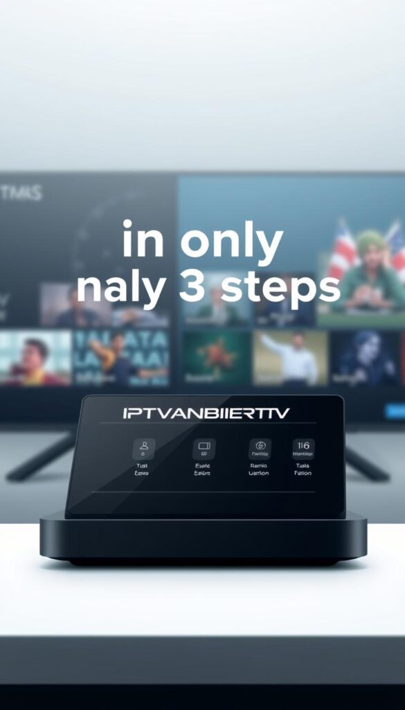 A sleek, modern, and minimalist illustration of the "IPTVANBIETERTV" platform, showcasing a minimalist user interface on a stylized device in the foreground against a blurred background of digital streaming elements. The device is displayed at a slight angle, highlighting its clean design and intuitive controls. The lighting is soft and diffused, creating a sense of tranquility and professionalism. The color palette is muted, with shades of gray, blue, and white predominating, conveying a sense of sophistication and reliability. The overall mood is one of efficiency, simplicity, and user-friendliness, reflecting the "in only 3 steps" promise of the IPTVANBIETERTV service.