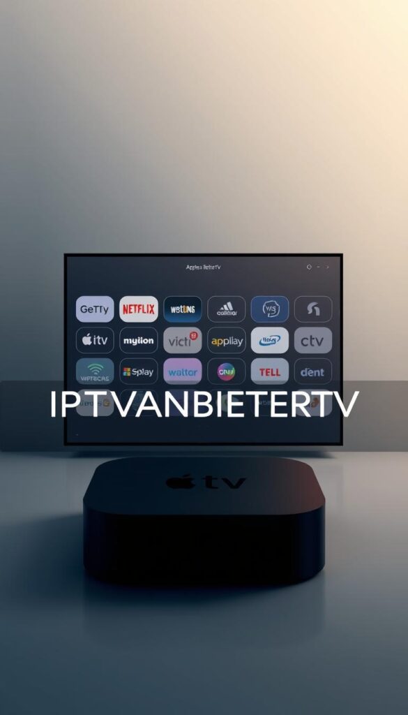 A sleek, modern, and minimalist illustration showcasing a comparison of IPTV providers, with a focus on solutions tailored for Apple TV. The image should feature a sophisticated color palette, clean typography, and well-balanced composition. In the foreground, prominently display the brand name "IPTVANBIETERTV" in a bold, distinctive font. In the middle ground, neatly arrange a grid of icons or logos representing different IPTV service providers, each with a subtle gradient or shine effect to add depth and visual interest. The background should be a soft, muted gradient or abstract pattern that complements the overall aesthetic. Lighting should be soft and diffused, creating a sense of depth and professionalism. The overall mood should be one of authority, reliability, and technological sophistication, suitable for the article's subject matter.