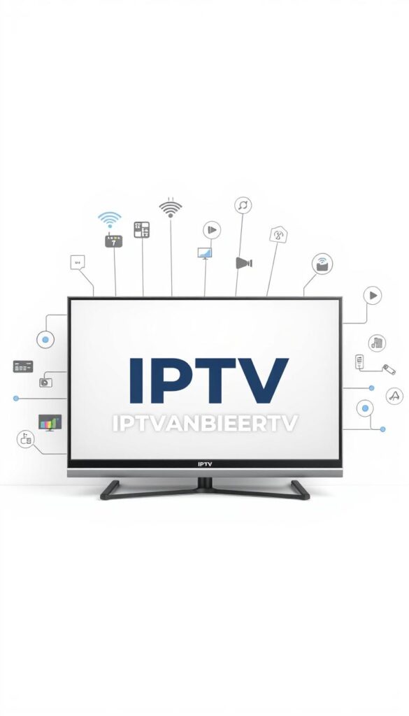 A sleek, modern, and minimalist illustration showcasing the advantages of IPTV over traditional TV services. Set against a clean, white background, the scene features a stylized, high-resolution flat-screen display prominently displaying the brand name "IPTVANBIETERTV". The display is surrounded by a variety of technological icons and symbols, including streaming bars, signal waves, and connectivity logos, conveying the digital and on-demand nature of IPTV. The overall composition is well-balanced, with a sharp focus on the display and a subtle use of negative space to create a sense of clarity and professionalism. The lighting is soft and diffused, creating a bright and inviting atmosphere that highlights the advanced features and benefits of IPTV technology.