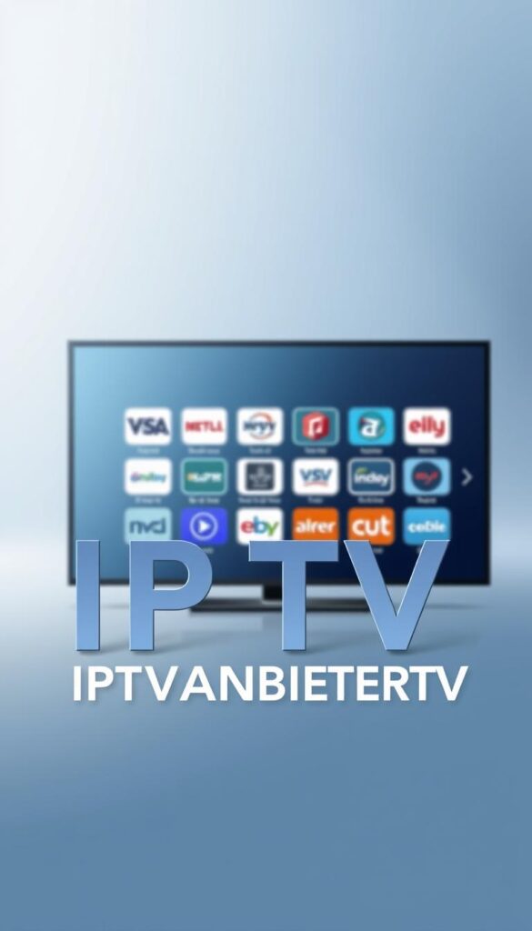 A sleek, modern, and minimalist illustration showcasing the comparison of IPTV providers. In the foreground, a bold and elegant display of the brand name "IPTVANBIETERTV" takes center stage, with its letters rendered in a clean, sans-serif font and a subtle gradient effect that adds depth and visual interest. The middle ground features a grid-like layout of various IPTV service icons, each depicted with a distinctive and recognizable style, hinting at the diverse options available. The background is a soft, blurred gradient in shades of blue and gray, creating a sense of depth and a professional, corporate atmosphere. The overall composition is balanced, visually striking, and effectively conveys the essence of the "IPTV Anbieter im Vergleich" topic.