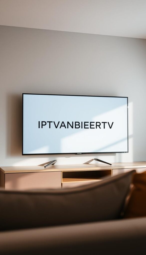 A sleek, modern, and minimalist visual representation of "IPTV Anbieter Test". The scene depicts a sophisticated home entertainment setup, with a high-end TV display taking center stage. The TV screen showcases the brand name "IPTVANBIETERTV" in a clean, bold typeface, reflecting the quality and reliability of the IPTV service. The background is a muted, neutral palette, allowing the TV and the brand to be the focal point. Soft, diffused lighting creates a warm and inviting atmosphere, while the camera angle suggests a perspective from a comfortable viewing position. The overall composition conveys a sense of professionalism, attention to detail, and a premium IPTV experience.