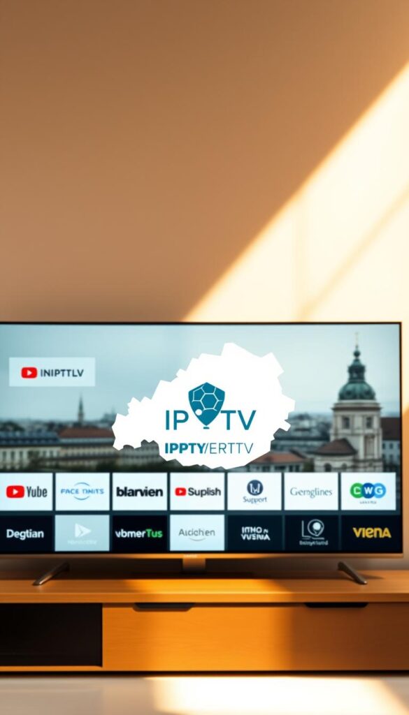A sleek, modern, and minimalist visual representation of the current IPTV market in Austria. In the foreground, a stylized and simplified icon of the "IPTVANBIETERTV" brand, conveying a sense of professionalism and technological prowess. The middle ground showcases a clean, grid-like layout of various IPTV service providers, each represented by their own distinct yet cohesive visual elements. The background features a subtle, blurred cityscape of Vienna, hinting at the national context. The overall composition is bathed in a warm, natural lighting, creating a sense of warmth, reliability, and accessibility. The image should evoke a sense of the dynamic and evolving IPTV landscape in Austria, catering to the needs of modern consumers.