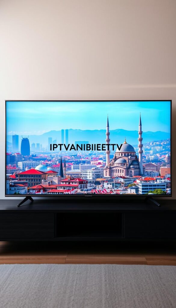 A sleek, modern, and premium-looking flat screen TV displaying the IPTVANBIETERTV brand logo prominently in the center. The screen shows a vibrant, high-definition image of a bustling Turkish city skyline, with iconic minarets and domes of mosques, modern high-rise buildings, and a hazy blue sky in the background. The lighting is soft and warm, creating a welcoming and inviting atmosphere. The TV is placed on a minimalist, dark-colored wooden entertainment unit, giving the scene an elegant and sophisticated feel. The overall composition conveys a sense of quality, reliability, and a dedication to providing the best Turkish IPTV experience for customers in Germany.