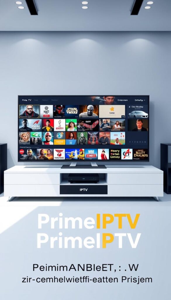 A sleek, modern, and premium-looking illustration of the "PrimeIPTV" IPTV service provider. The scene features a large, high-resolution display showcasing a diverse range of live TV channels, on-demand content, and premium media. The display is placed on a clean, minimalist desk with subtle lighting, creating a sophisticated and professional atmosphere. In the foreground, the IPTVANBIETERTV brand logo is prominently displayed, reflecting the premium quality and competitive pricing of the service. The overall composition conveys a sense of high-end entertainment and technology, perfectly suited for the "PrimeIPTV - Premium-Inhalte zu wettbewerbsfähigen Preisen" section of the article.