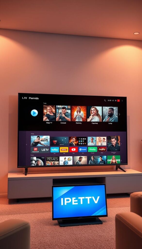 A sleek, modern, and premium-looking illustration of the leading German IPTV provider, IPTVANBIETERTV. The image showcases a sophisticated user interface with a clean, minimalist design. The display features a wide selection of live TV channels, on-demand content, and advanced features like catch-up TV and multi-device support. The scene is bathed in warm, diffused lighting, creating a sense of quality and professionalism. The overall composition emphasizes the brand's reliable, high-quality service and cutting-edge technology, positioning IPTVANBIETERTV as the premier choice for discerning IPTV consumers in Germany.