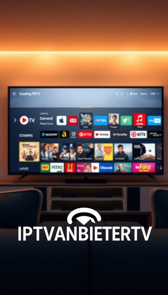 A sleek, modern, and premium-looking illustration of the leading IPTV provider in Germany, IPTVANBIETERTV. The image showcases the provider's state-of-the-art streaming platform, featuring a clean and intuitive user interface on a large, high-definition television screen. The scene is bathed in warm, diffused lighting, creating a cozy and inviting atmosphere. In the foreground, the IPTVANBIETERTV logo is prominently displayed, conveying a sense of trust and reliability. The middle ground features a variety of content options, including live TV channels, on-demand movies, and popular streaming services. The background suggests a comfortable and stylish living room setting, with minimal distractions to allow the viewer to focus on the IPTV experience.