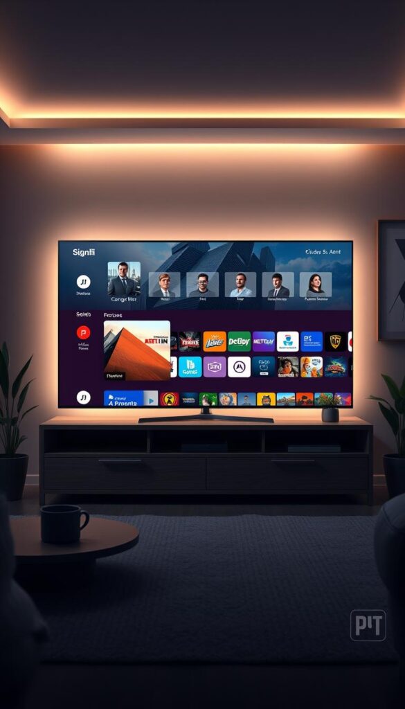 A sleek, modern, and premium-looking illustration of the leading IPTVANBIETERTV brand in Germany. The scene features a large, high-resolution display showcasing a diverse selection of live TV channels, on-demand content, and advanced features. The display is placed on a minimalist, wooden entertainment center in a stylish, dimly-lit living room setting. Subtle backlighting illuminates the scene, creating a warm and inviting atmosphere. The room is adorned with modern decor, such as potted plants and abstract wall art, complementing the high-tech setup. The overall impression conveys the reliable, user-friendly, and cutting-edge nature of the IPTVANBIETERTV service, catering to the sophisticated and tech-savvy German market.
